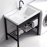 Freestanding Laundry Utility Sink with Washboard | 19" x 28.3" x 32.3" Ceramic Utility Sink with Bracket and Drain Kit for Laundry Room, Utility Room, Garage, Outdoor / Indoor