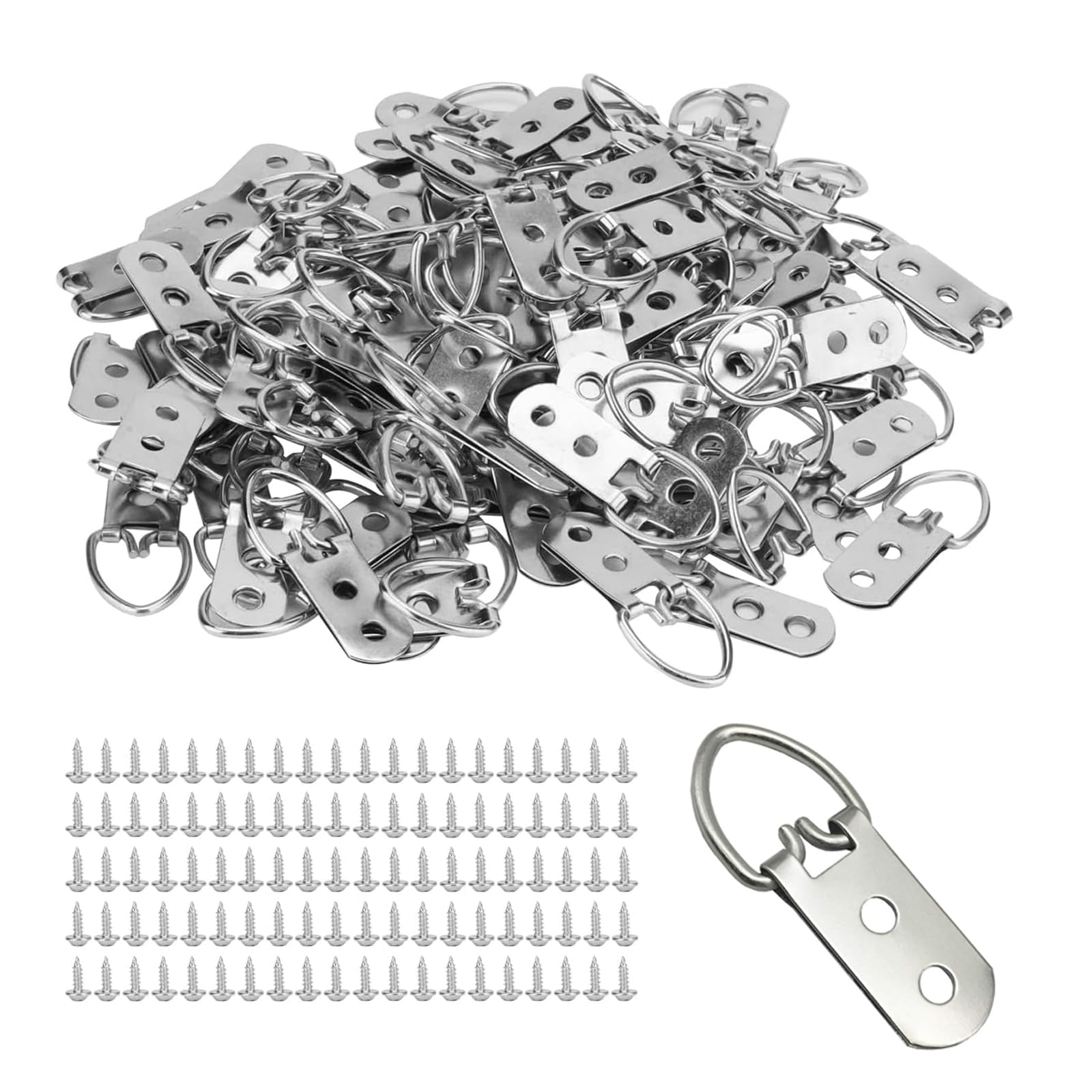 D Ring Picture Hangers, 52PCS Picture Hanging Hooks, Frame Hooks Double Hole with Screws D Ring Picture Hangers Sets for Painting Photo Pictures Clock(Silver)