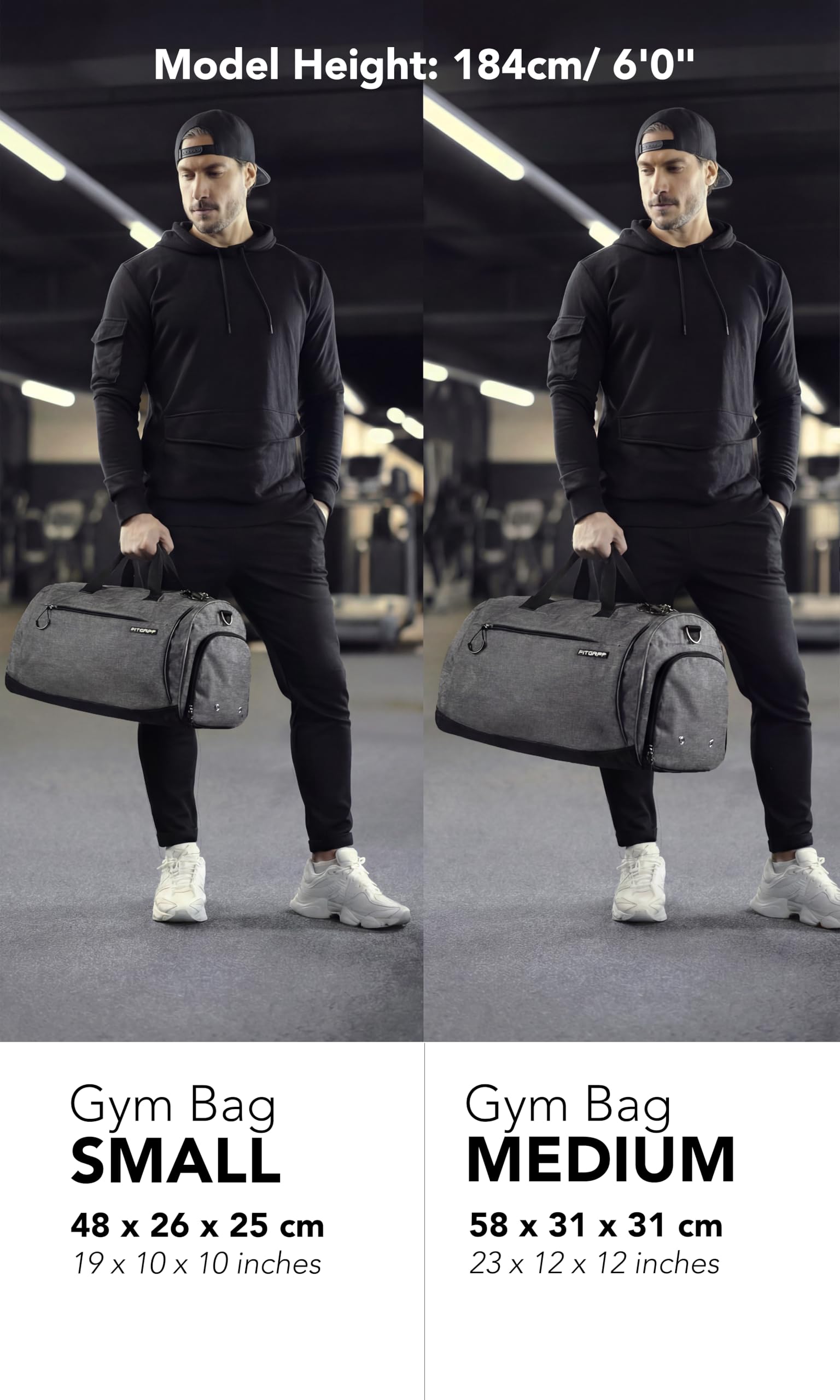 Fitgriff® Sporttasche & Reisetasche für Damen und Herren - mit Schuhfach & Nassfach - Tasche für Sport, Fitness & Reisen - Trainingstasche, Gym Bag (Grau, 48 x 26 x 25 cm (Small)) 3
