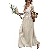 SHENHE Women's Lace Deep V Neck Puff Short Sleeve Tie Bow Backless A Line Flowy Maxi Dress