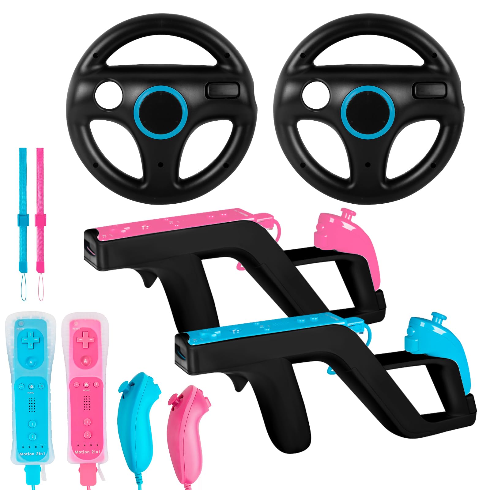 Wii U Deluxe Gaming Set - 2 Pack Black Steering Wheels and Wii Zapper Light Guns + 2 Motion Plus Wireless Controllers with Nunchucks + 2 Silicone Cases & Wrist Straps, Compatible with Nintendo Wii & Wii U Console (Blue & Pink)