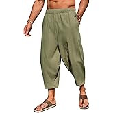 Runcati Mens Cotton Harem Capri Pants Yoga Beach Baggy 3/4 Shorts Pants Casual Elastic Waist Hippie Boho Pants
