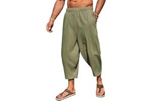 Runcati Mens Cotton Harem Capri Pants Yoga Beach Baggy 3/4 Shorts Pants Casual Elastic Waist Hippie Boho Pants