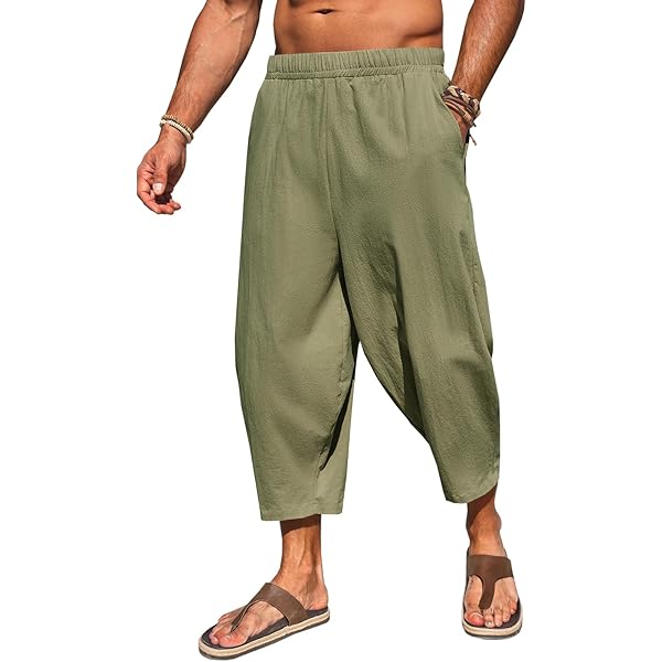 Mens Beach Pants Linen Trousers Mens 3/4 Length Harem Pants Cotton