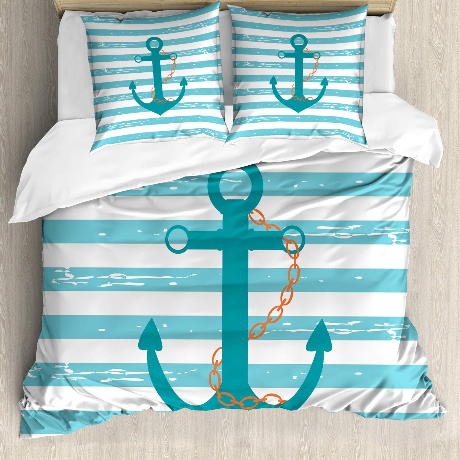 ABAKUHAUS Teal Duvet Cover Set, Ship Anchor Chain Marine Life Inspired Lines Background Ocean Sailing, Bedding Set 3 Pieces with 2 Pillow Shams, 155 cm x 220 cm, Teal Turquoise White — image 1