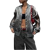 SHENHE Women's Y2k Sheer Bomber Jacket Oversized Lightweight Organza Zip Up Jacket Streetwear