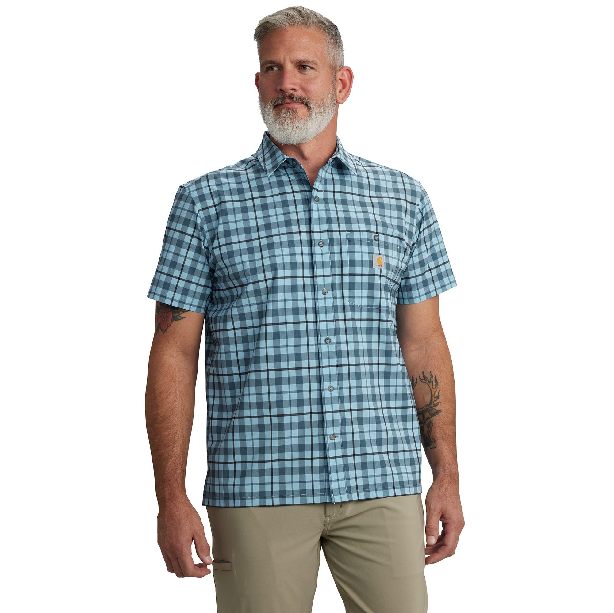 Carhartt Men’s Force Sun Defender Relaxed Fit Lightweight Short-Sleeve Plaid Shirt, Storm Blue, Small