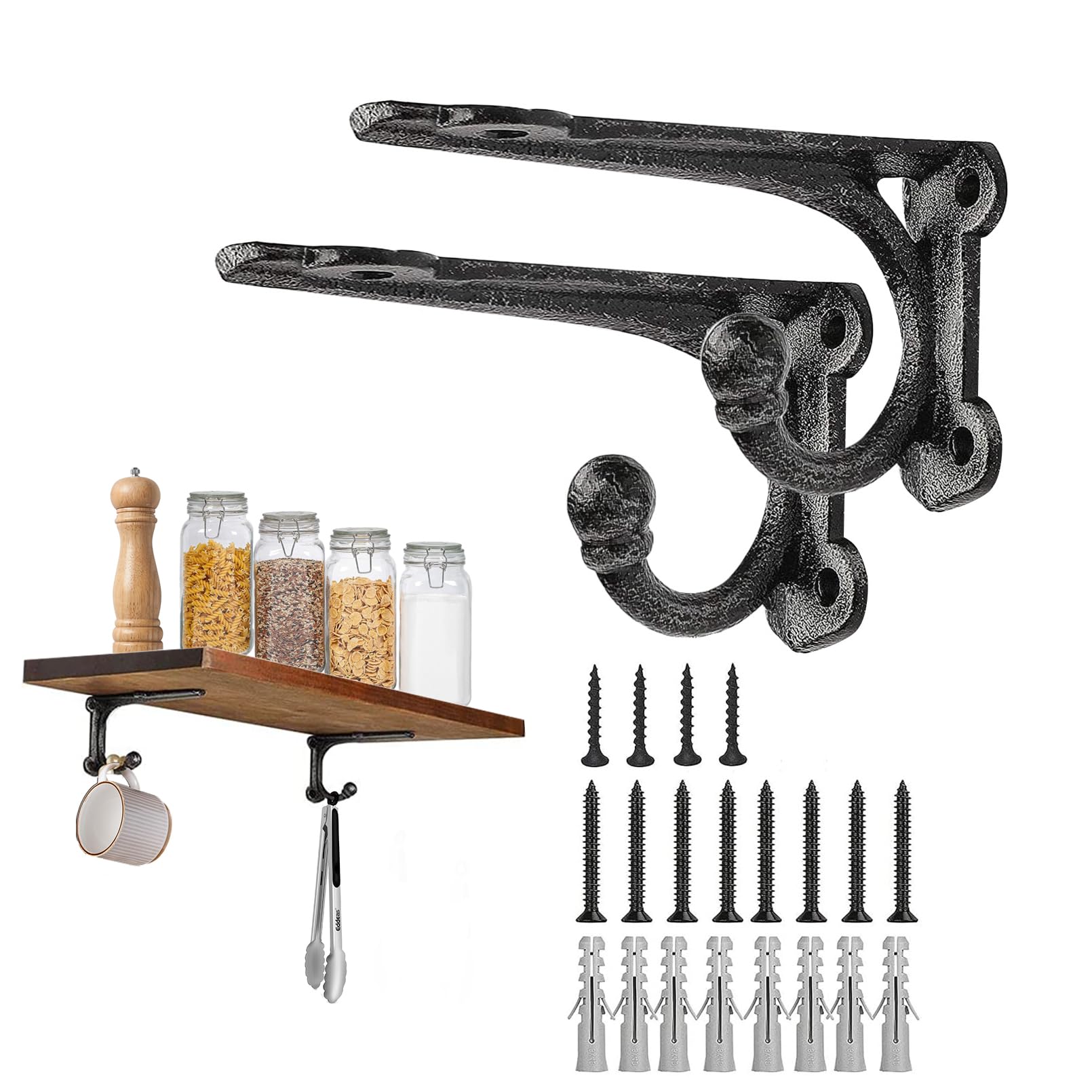 Photo 1 of Shelf Brackets 4 Inch 2 Pack, Cast Iron Shelf Brackets for Wall Shelving, Rustic Shelving Brackets with Hooks Black, Heavy Duty Floating Brackets Wall Mounted