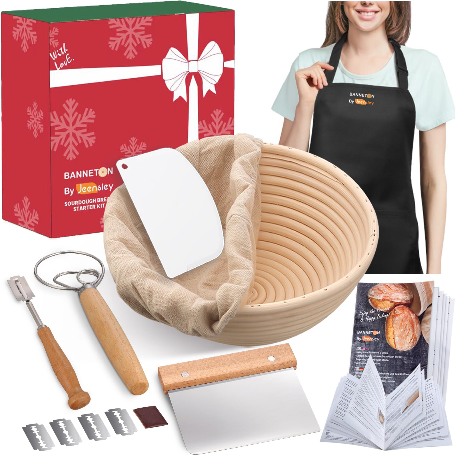 Jeensley Boxed Sourdough Starter Kit with Apron Round Bread Proofing Basket Banneton with Liner and Bread Making Tools Handmade from Quality Natural Indonesian Rattan Bread Making Accessories