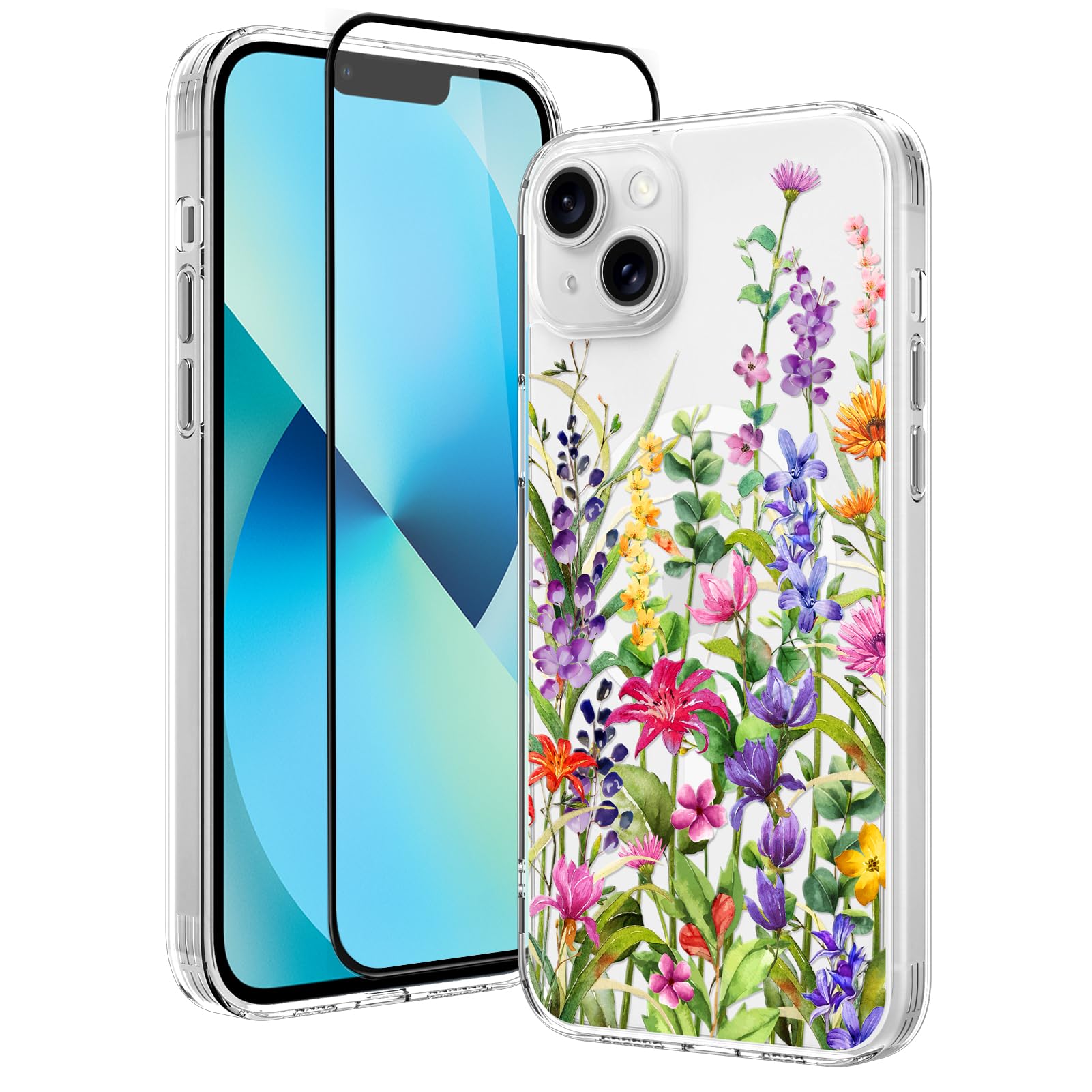 Photo 1 of OOK Magnetic for iPhone 13 Case [Compatible with Magsafe] Colorful Wild Flowers Floral Design Clear Case with Full Camera Lens Case for iPhone 13 Phone Case, Rattan Flower (6.1")