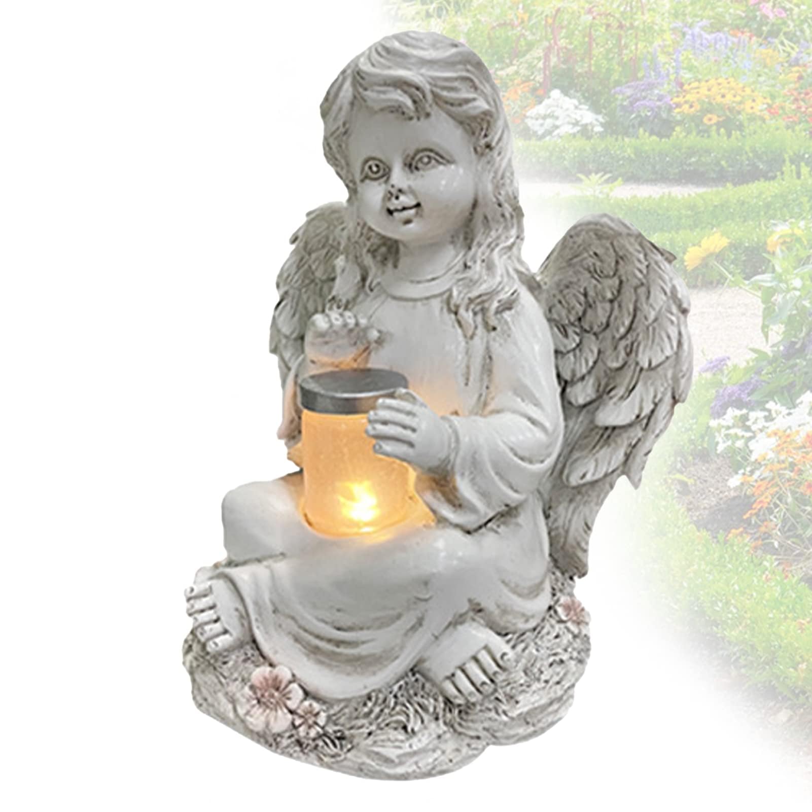 Tuzsocr Resin Angel Figurine, Angel Solar Lights Outdoor Garden Ornament, Religious Fairy Sculpture, Fairy Garden Figurines Gifts for Mom Grandma/Grave or Grave Garden Memorial Stones (B)