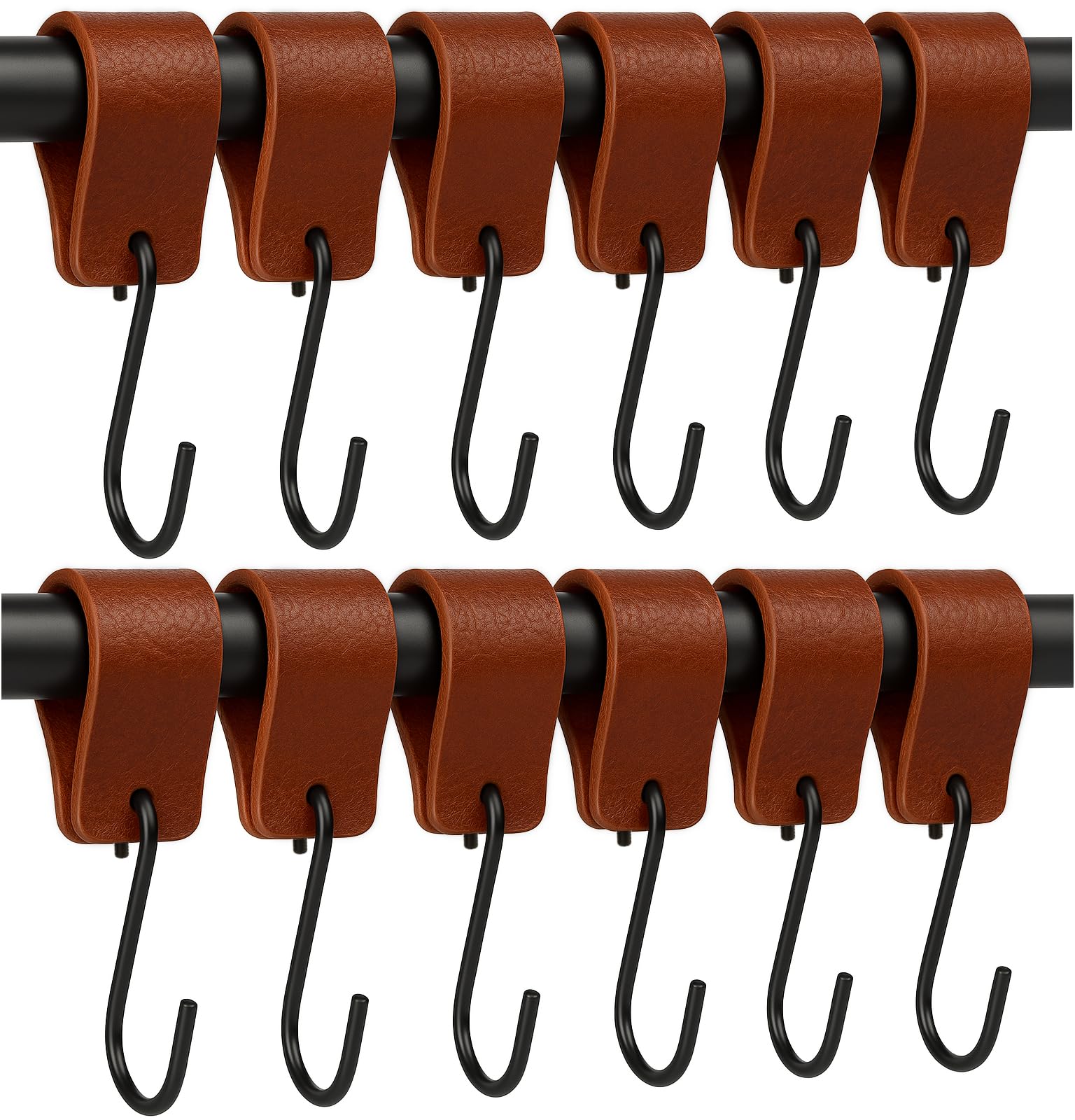 Brute Strength - Leather S Hooks for Hanging - Cognac - 12 Pieces - Incl. Silver & Black Hooks for Hanging Coats, Cups, Towels, Kitchen Leather s-Hooks