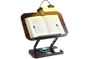 UikJOY Book Stand with Light & Storage, Book Holders for Reading Hands Free, Wooden Cookbook Stand with Adjustable Height & 360 °Angle for Recipe,Magazine,Laptop,Tablet, Bible