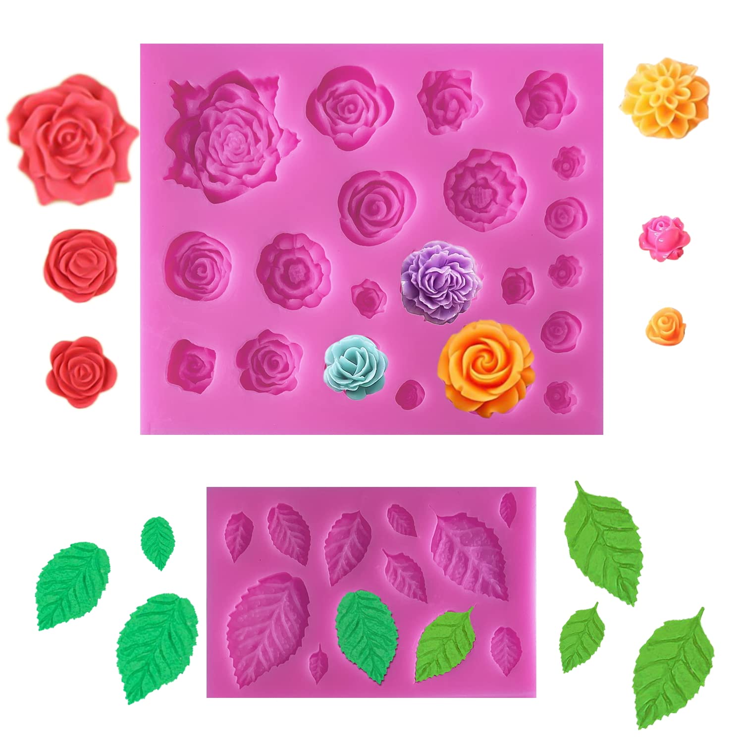 SIENON 33 Cavity Rose Flowers and Leaves Fondant Candy Silicone Molds Chocolate Moulds for Sugarcraft, Cupcake Toppers, Soap, Polymer Clay, Crafting Projects, Wedding and Birthday Cake Decorations