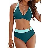 BMJL Womens Two Piece Swimsuit Color Block Triangle Bikini Sets Mid Rise Bathing Suits Cute Swimwear