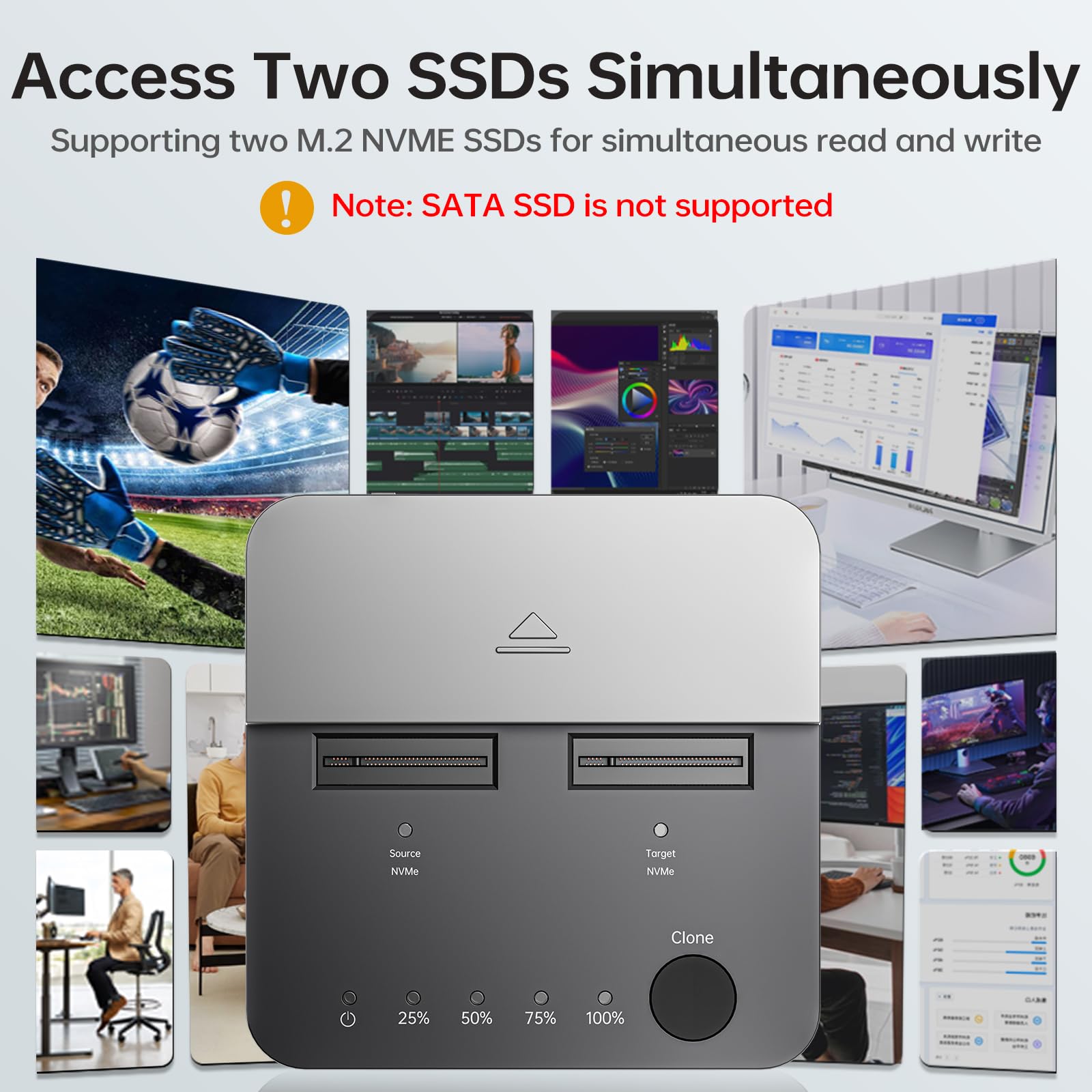 SSK NVMe SSD Cloner, M.2 Duplicator Dual Bay NVMe Enclosure, Tool-Free 20Gbps USB3.2 Gen 2X2 SSD to USB Adapter M.2 Docking Station for M Key PCIE NVMeSSD Reader Supports Offline Clone