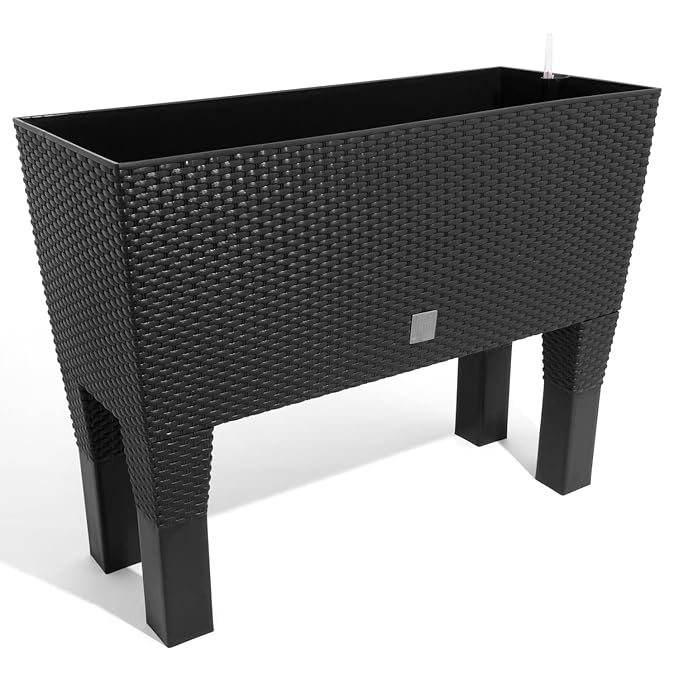 Poly-Rattan Blumenkasten in Anthrazit mit Füßen und Bewässerungssystem Fassungsvermögen 72 Liter