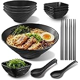 Berglander Ramen Bowl Set 40 oz of 4 with Dipping Bowls Chopsticks Spoons, Unbreakable Japanese Style Plastic Noodle Soup Bowls for Asian Pho Soup Thai Miso Udon Wonton