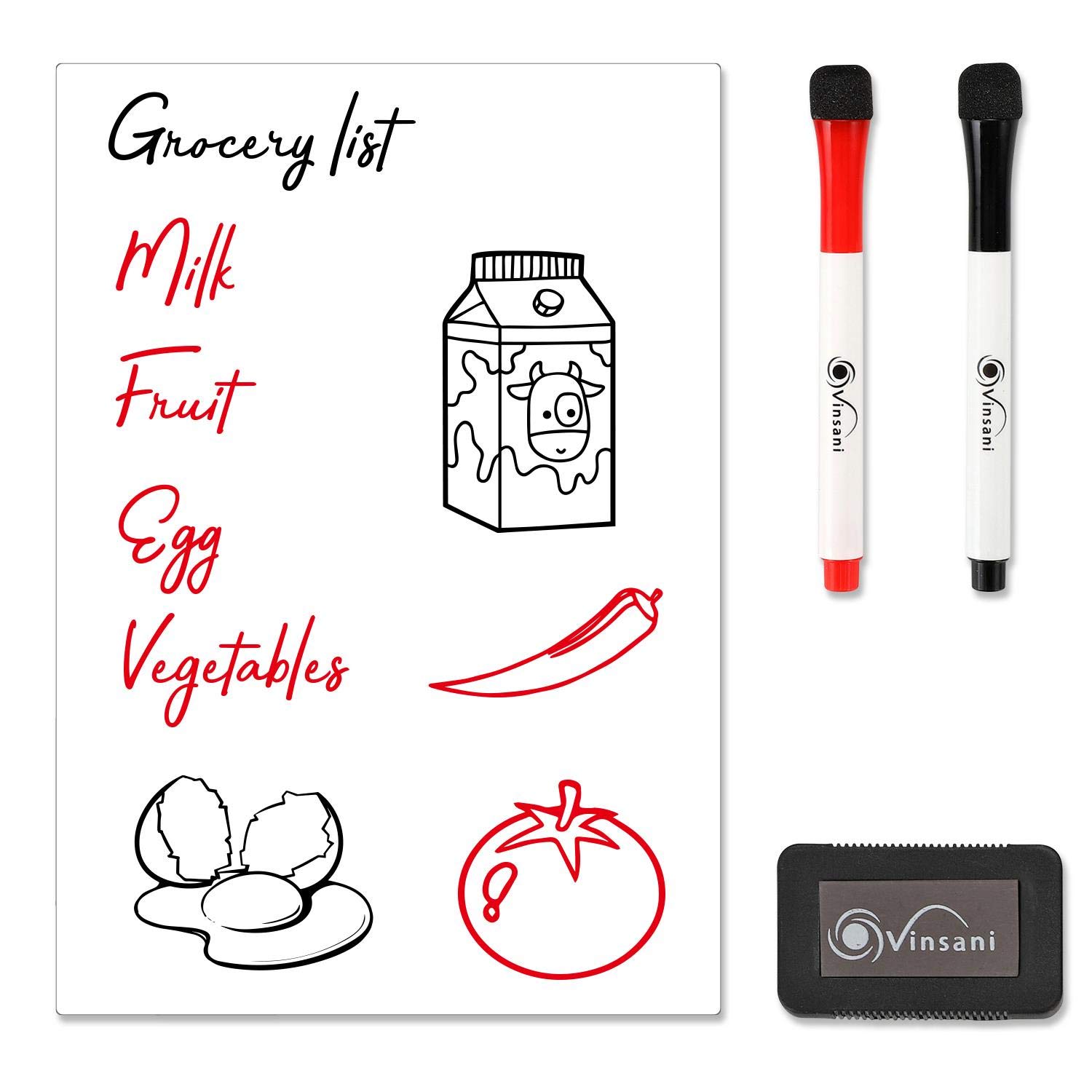 Vinsani Whiteboard A4 Size - Make Notes, Lists, Memos, Menus. for Home, School, Office and Kitchen Use with 2 Free Magnetic Dry Wipe Pens and Magnetic Eraser (29.7 x 21 cm)