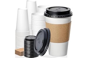 Fit Meal Prep 50 Pack 16 oz Disposable Coffee Cups with Lids, Sleeves, Leak-Proof To Go Coffee Cups with Lids, Durable Paper Cups for Hot Beverage, Home, Office, Party