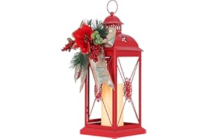 DECORKEY Christmas Decorations, 18” Metal Christmas Lantern with LED Candle and Floral Accents for Home Decor, Decorative Hanging Candle Holder Indoor Outdoor for Table Centerpieces, Porch, Patio