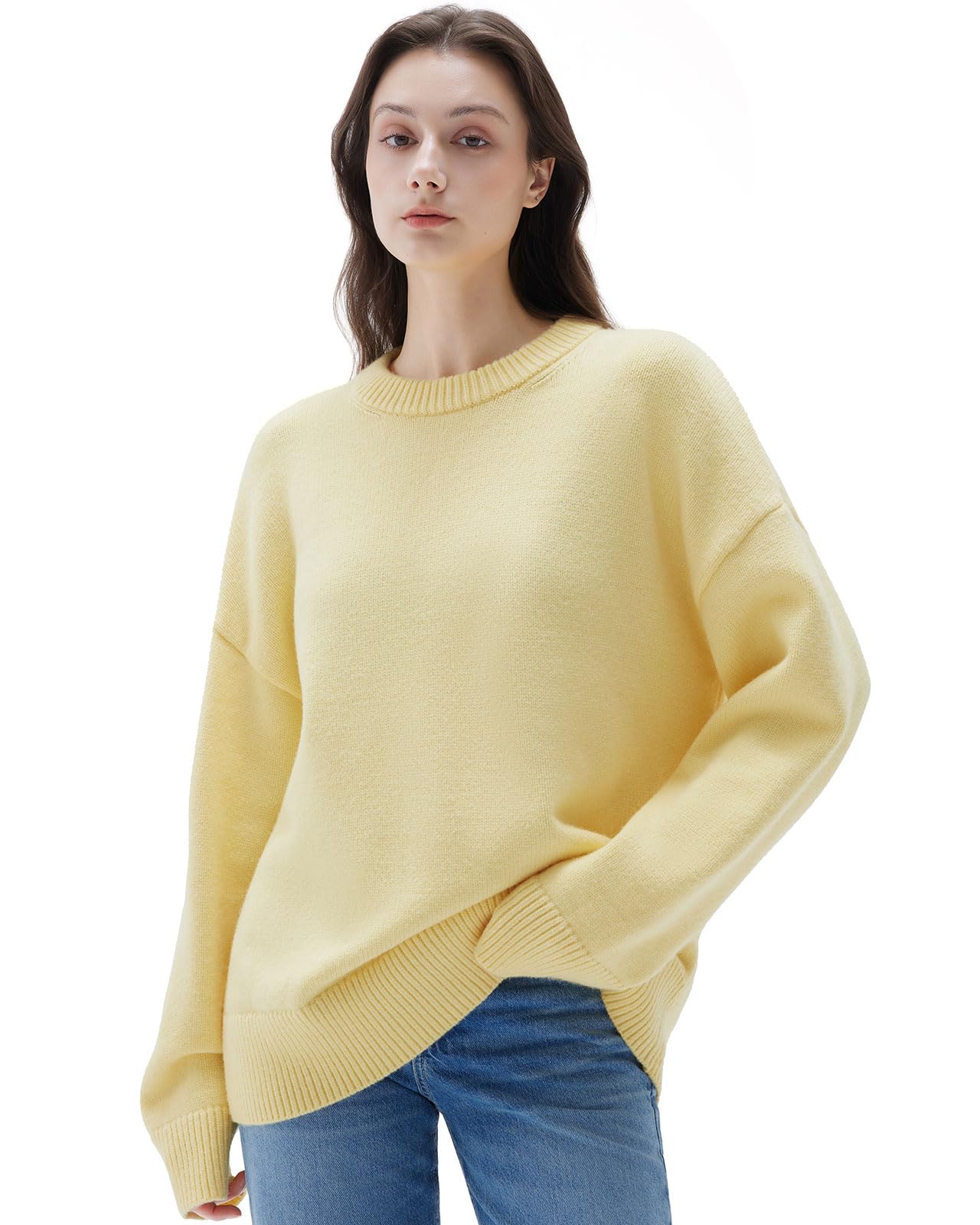 Photo 1 of **RECOMMEND WASHING**SUUKSESS Cashmere Women Oversized Long Sleeve Pullover Sweater 2025 Fall Winter Crew Neck Jumper Tops (Butter Yellow,M)