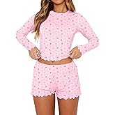 Lacozy Cute Pajama Sets for Women 2 Piece Floral Print Fall Pj Set Woman Long Sleeve Crop Top and Short Y2K Sleep Set