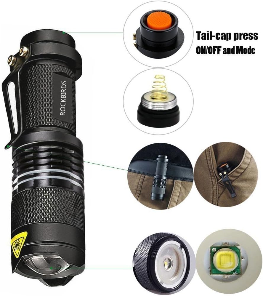 2 Pack Flashlights, ROCKBIRDS LED Flashlight with Belt Clip, Fluorescent Ring, Zoomable, High Lumen, 3 Modes, Water Resistant- Best Tools for Camping, Outdoor, Emergency - - 