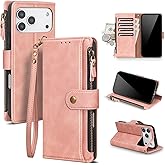 Scutumate Compatible with iPhone 17 Pro Max Wallet Case with Card Holder RFID Blocking Zipper Poket PU Leather Flip Phone Case with Wrist Strap Credit Card Slots Men Women,for Apple 17 Pro Max,Pink