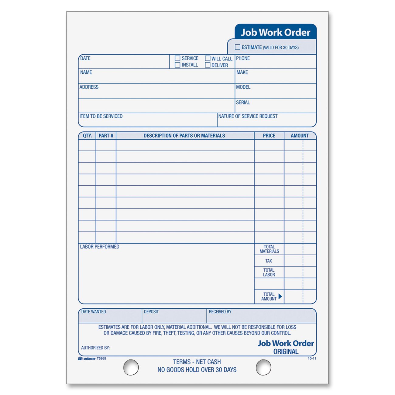 Adams Job Work Order Book, 5.56 x 8.44 Inch, 3Part, Carbonless, 33
