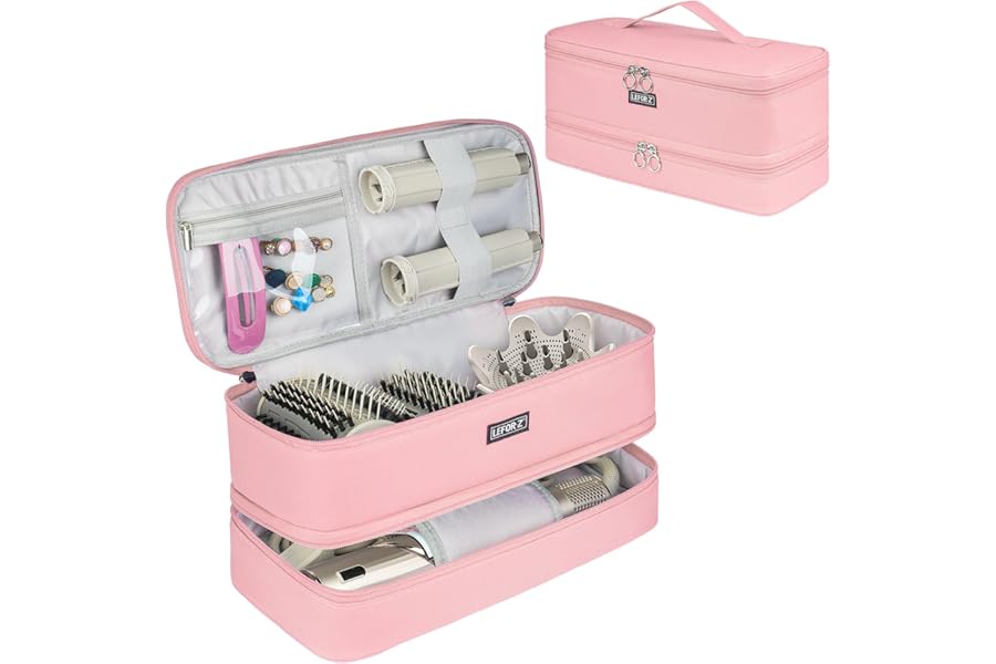 LEFOR·Z Travel Carrying Case Compatible with Shark Flexstyle Styler/FlexFusion/Hair Dryer,Double-Layer Hair Hot Tools Storage Bag Fits for Dyson Airwrap Styler/Supersonic Hair Dryer,Pink-Bag Only