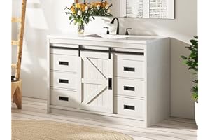 LUXOAK 48'' Farmhouse Freestanding Bathroom Vanity Cabinet with Sink, Sliding Barn Door Vanity with Drawers & Metal Handles, 