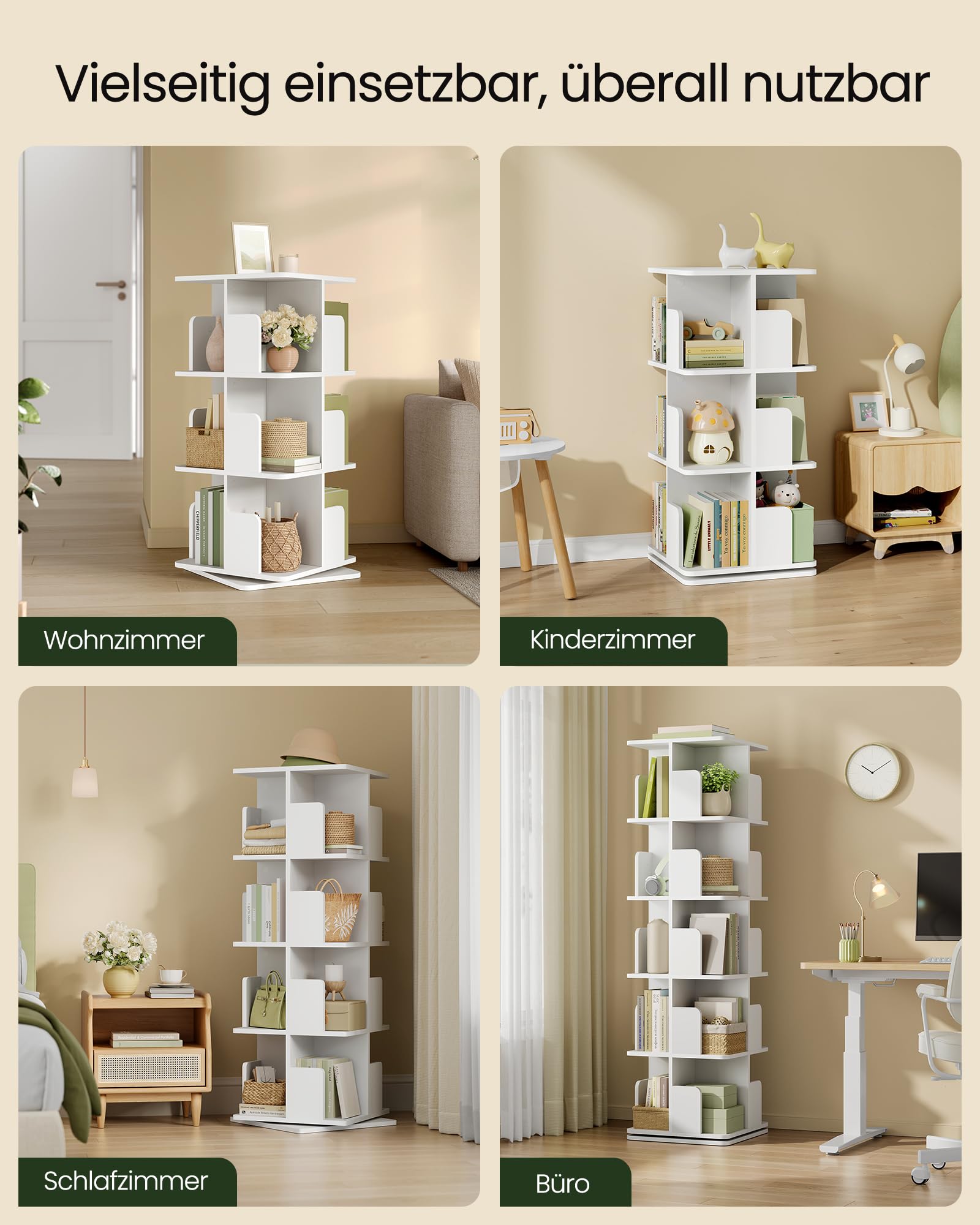 EUGAD Bücherregal drehbar mit 16 Fächer und 4 Ebenen, Weiß, 39,5x128x39,5cm 8
