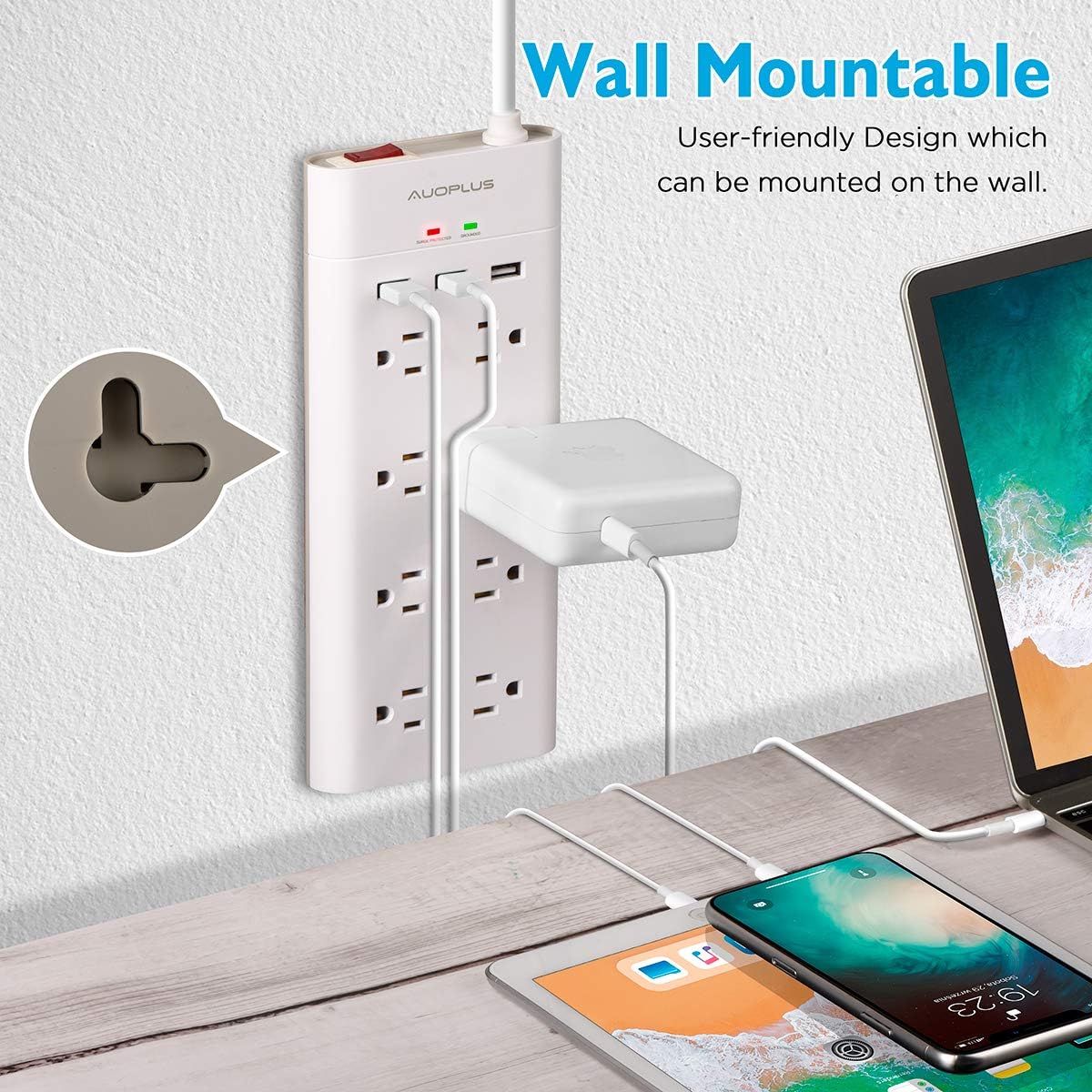Power Strip with USB, AUOPLUS Grounded Surge Protector with 8 Outlets and 3 USB Ports[Flat Plug/Wall Mountable] 6FT Extension Cord, Desktop Charging Station for Computer Laptops Smartphone Home Office: Electronics