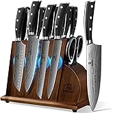 Piklohas Knife Sets for Kitchen with Block, 17 Pieces with Magnetic Knife Holder, German High Carbon Stainless Steel Damascus Pattern Chef Knife Set