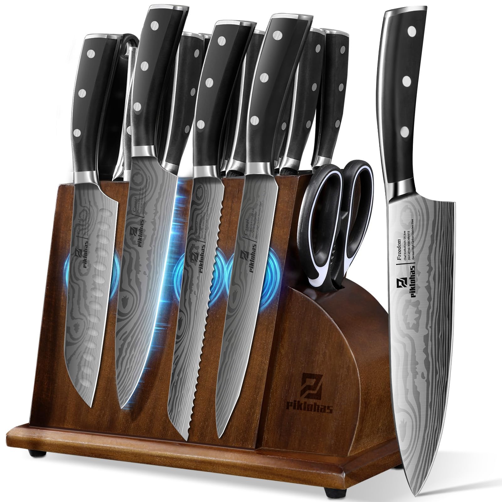 Photo 1 of Piklohas Knife Sets for Kitchen with Block, 17 Pieces with Magnetic Knife Holder, German High Carbon Stainless Steel Damascus Pattern Chef Knife Set