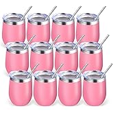 Volhoply 12oz Stainless Steel Wine Tumbler with Lid Bulk 12 Pack,Double Wall Vacuum Stemless Wine Glasses,Reusable Metal Travel Coffe Mug with Straw,Insulated Cups Gifts for Christmas(Pink,12 Set)