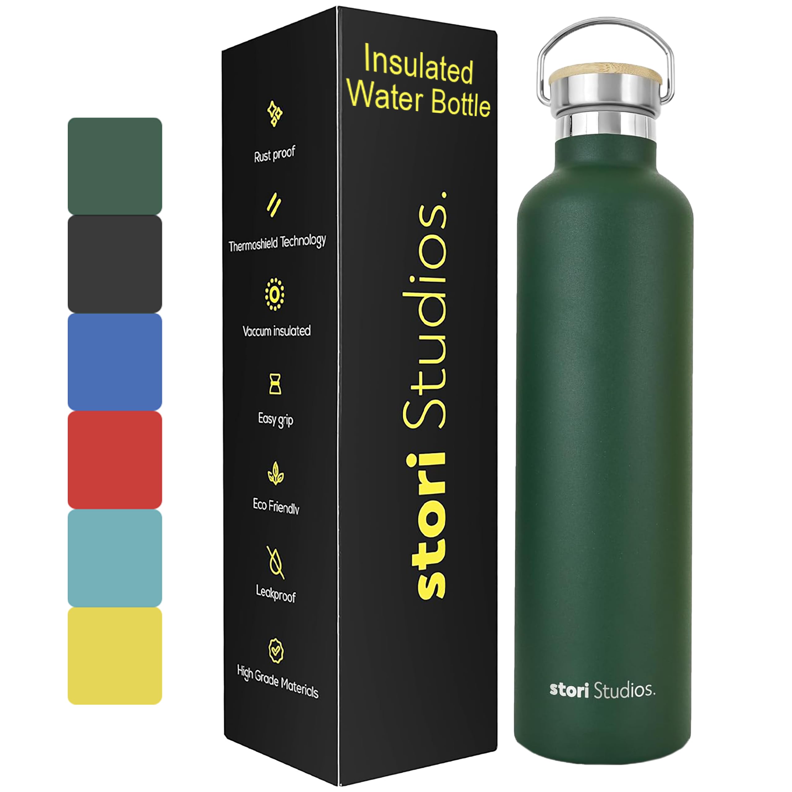 Stori Studios Vacuum Insulated Metal Water Bottle 1000ml(33oz), Stainless Steel Water Bottle, BPA Free Standard Mouth Flask, Double Wall Insulated Water Bottles For Travel, Work & Gym - Green