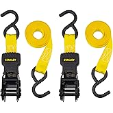 STANLEY S10002 Black/Yellow 1" x 10' Ratchet Tie Down Straps - 500 lb Safe Working Load / 1,500 lbs Break Strength, 2 Pack