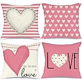 GEEORY Valentines Day Pillow Covers 18X18 inch Set of 4 for Valentines Decor Pink White Stripes Dots Love Heart Valentines Day Throw Pillows Decorative Cushion Cases Valentine Decorations