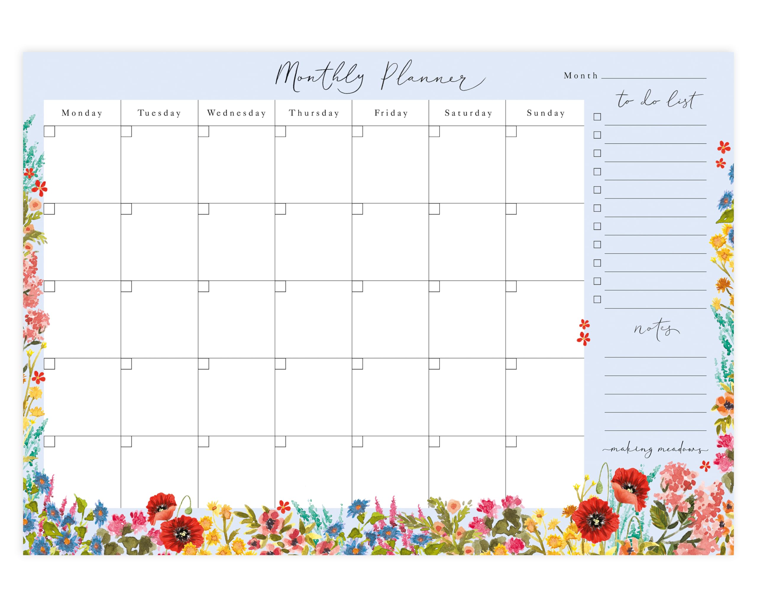Making Meadows blue floral A4 monthly desk planner pad for office to do lists (50 Undated 100 gsm Sheets)