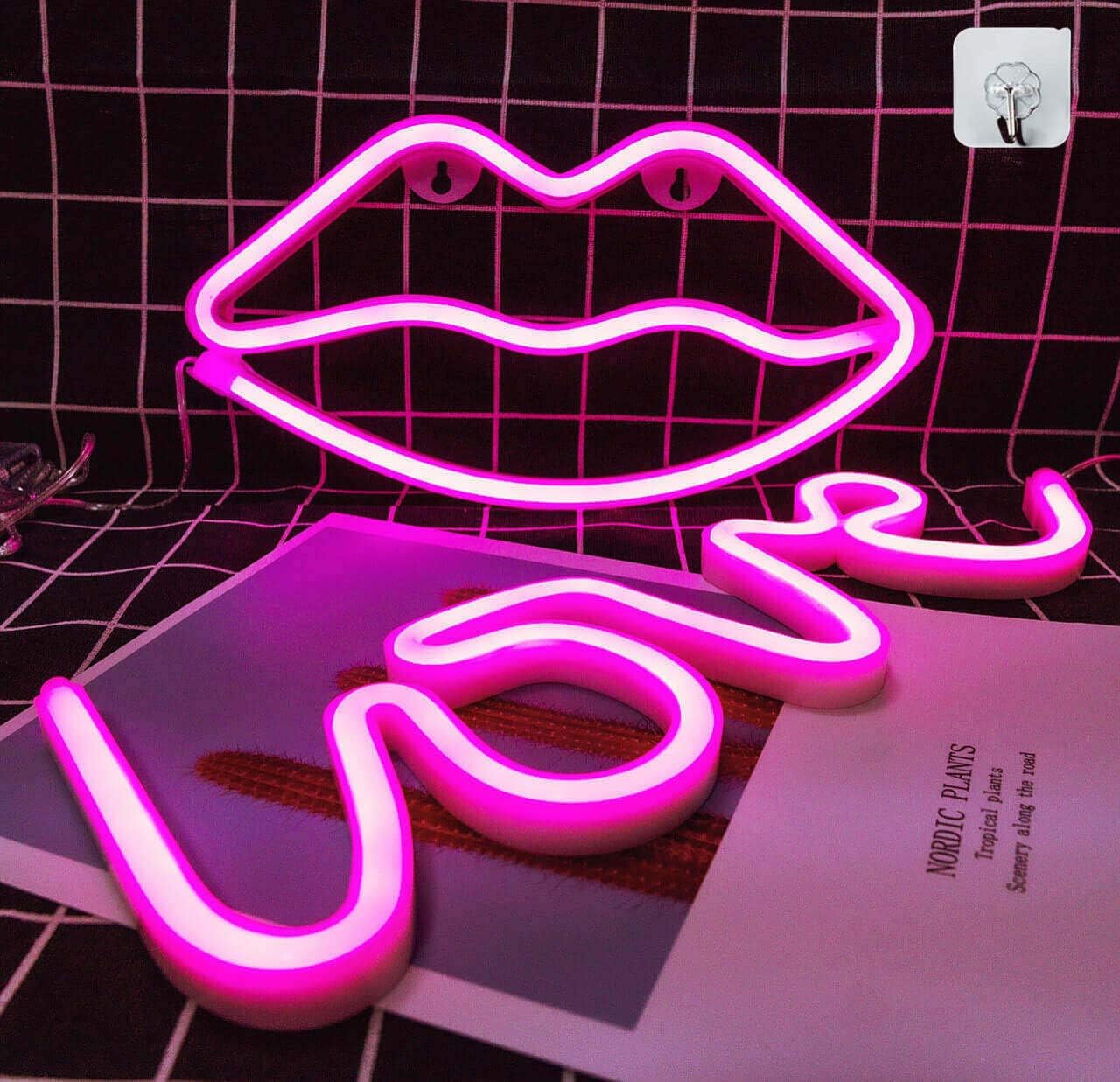 Letreros de neón, USB o batería, luces de neón rosa con labios de amor