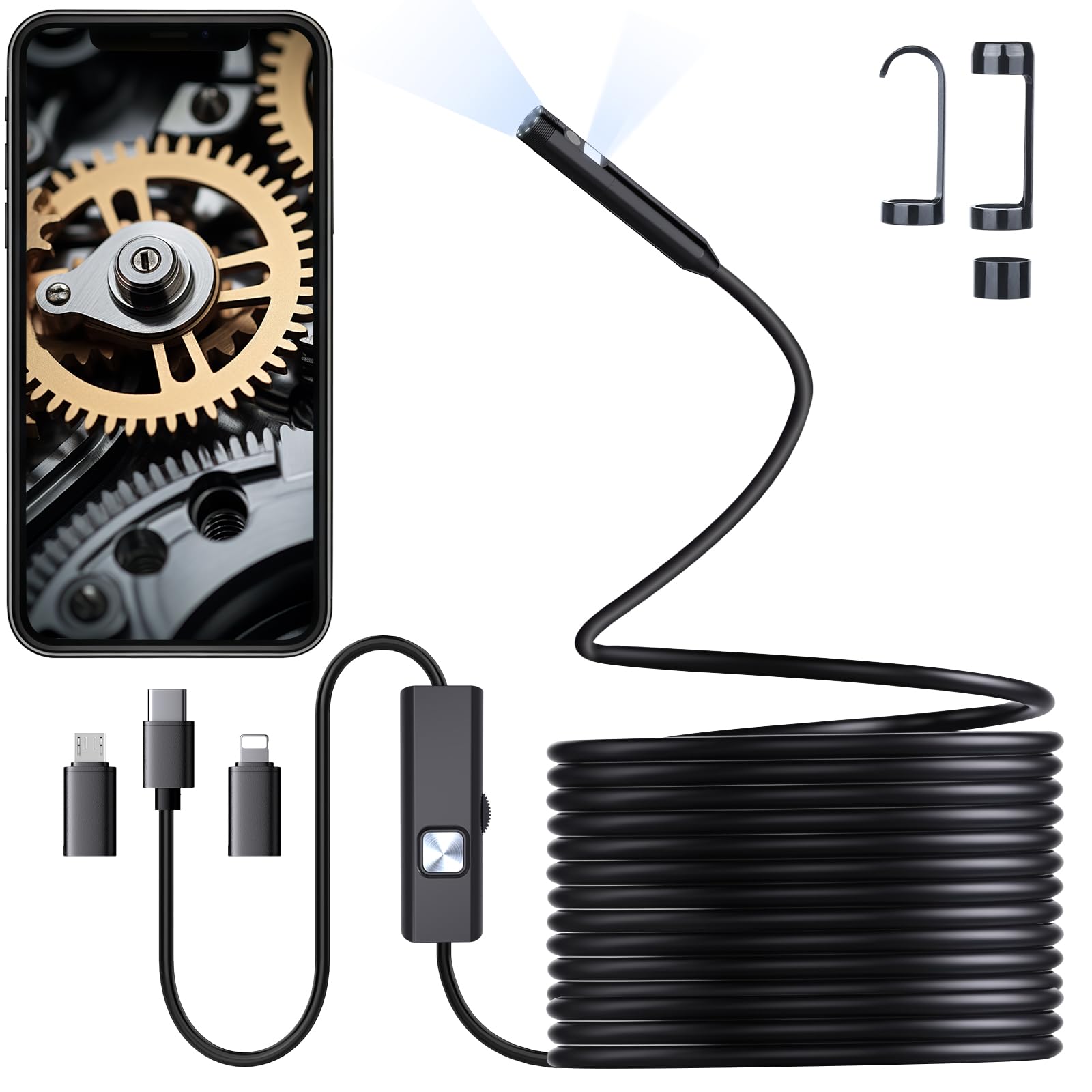 Photo 1 of Preciva Endoscope Camera with Dual Lenses, 1920P HD Borescope Camera with 8 Adjustable LED Lights, 16.5ft Semi-Rigid for iOS and Android