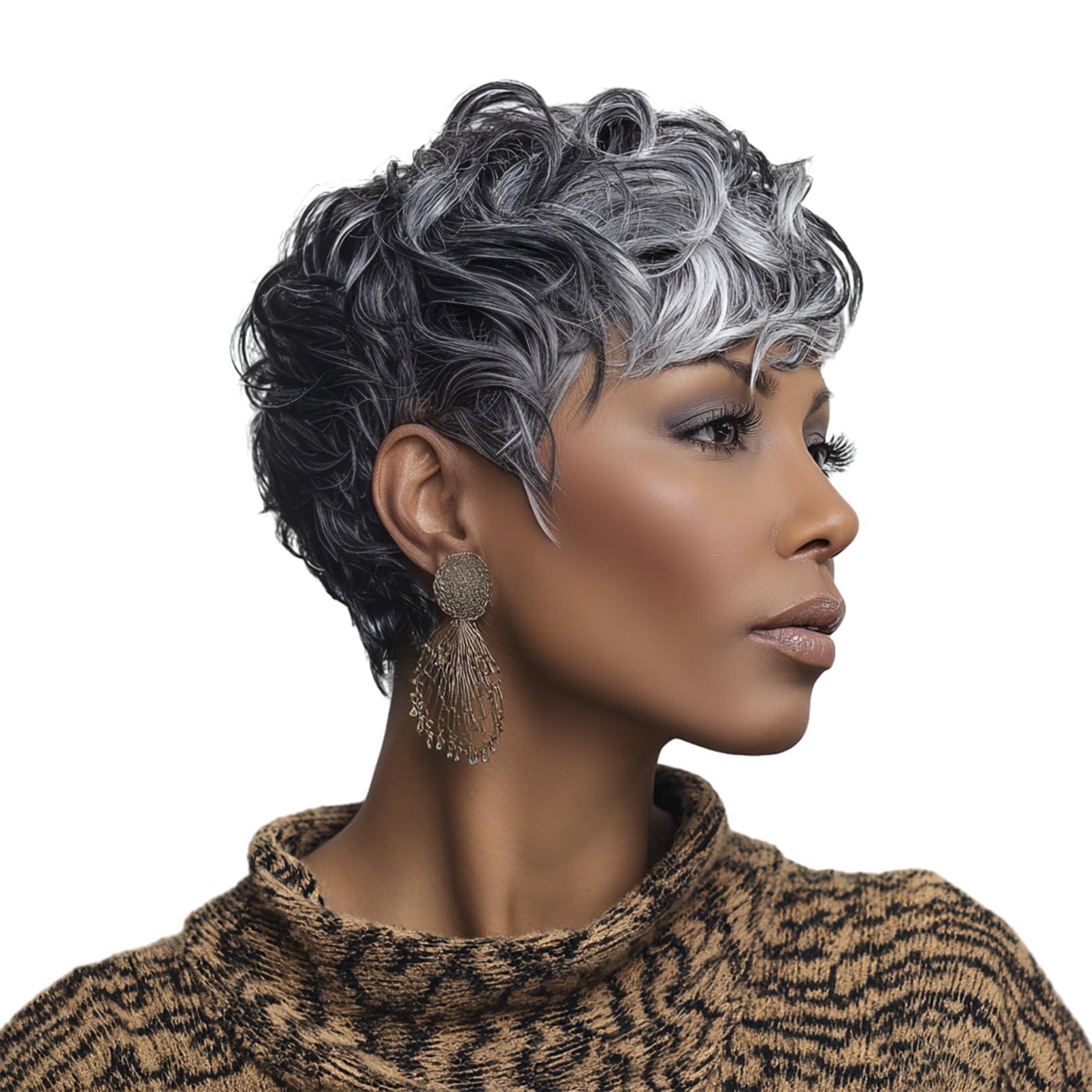 Photo 1 of MUJGOO Pixie Short Wigs for Black Women Layered black wigs with Bangs for Women Curly Pixie Wigs Short Hair for Black Women for Daily Use (Black and gray)