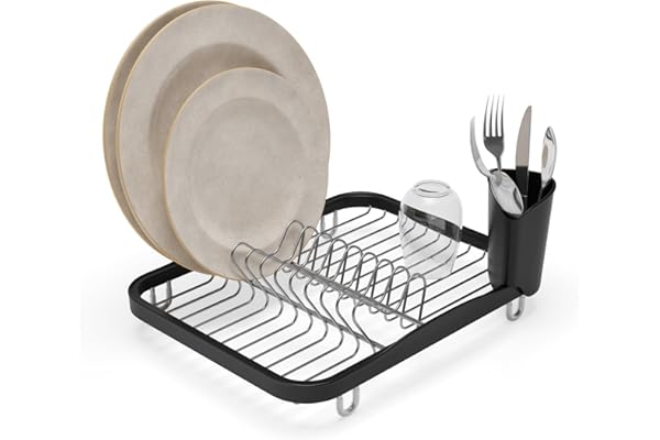 Umbra Sinkin Dish Drying Rack – Drainer Caddy with Removable Cutlery Holder – Use in Sink or On Counter, Standard, Black/Nick