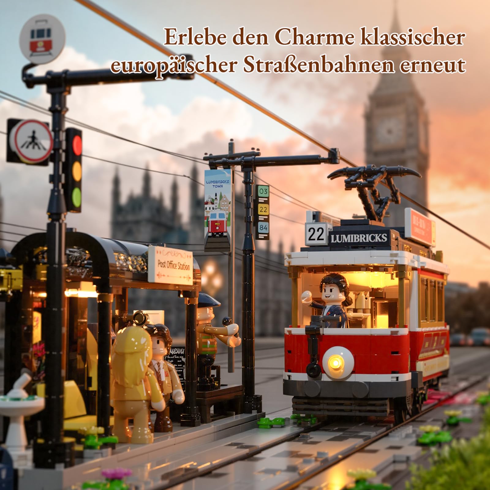 Lumibricks Heritage-Straßenbahn und -Haltestelle Bausatz mit Licht, Vintage-Dekor,kompatibel mit Modular Buildings,1274Pcs,Alter 16+, L9084 8