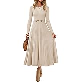 ZESICA Women's Long Sleeve Midi Sweater Dress 2026 Fall Crewneck Knit A Line Pleated Flowy Long Dresses with Belt