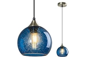 LBSQJ Blue Glass Pendant Lights Kitchen Island Lighting Globe Pendant Light Fixtures Modern Pendant Lighting for Kitchen Island Bedroom Living Dining Room Light Fixture(5.9in, 1-Pack)