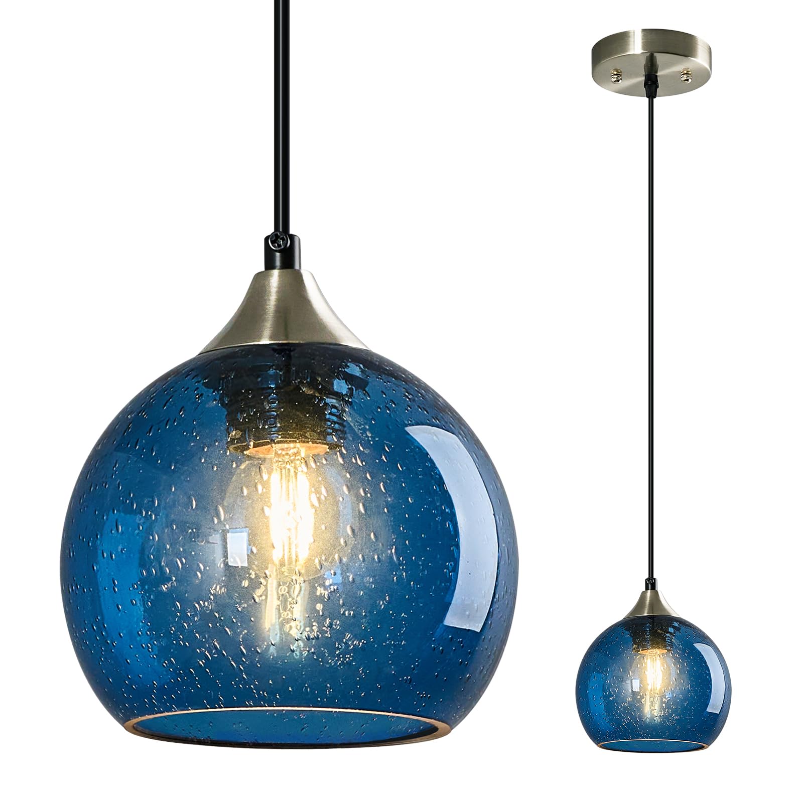 Photo 1 of LBSQJ Blue Glass Pendant Lights Kitchen Island Lighting Globe Pendant Light Fixtures Modern Pendant Lighting for Kitchen Island Bedroom Living Dining Room Light Fixture(5.9in, 1-Pack)