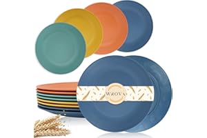 Wrova Wheat Straw Dinner Plates 9 Inch Unbreakable Set of 8 - Dishwasher & Microwave Safe Plastic Plates Reusable - Lightweight Plates for kitchen,camping,salad,appetizer - Colorful